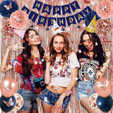 Rose Gold And Navy Blue Birthday Party Decorations With Happy Birthday Banner, Curtains, Butterfly Wall, Circle Dots Garland, Tissue Pompoms, Paper Tassels For Her