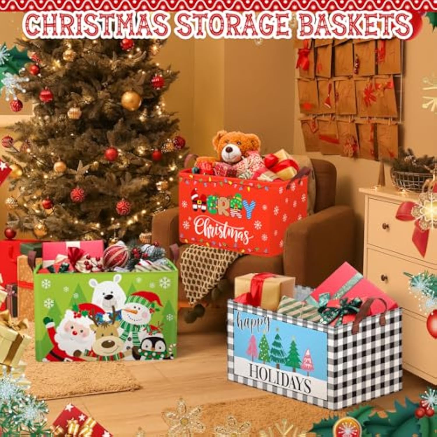 3 Pack Christmas Storage Bin Collapsible Large Christmas Storage Baskets For Gifts Empty Canvas Laundry Basket Foldable Box With Handle For Office Home Bedroom Clothes Shelf Candy Holiday Decor