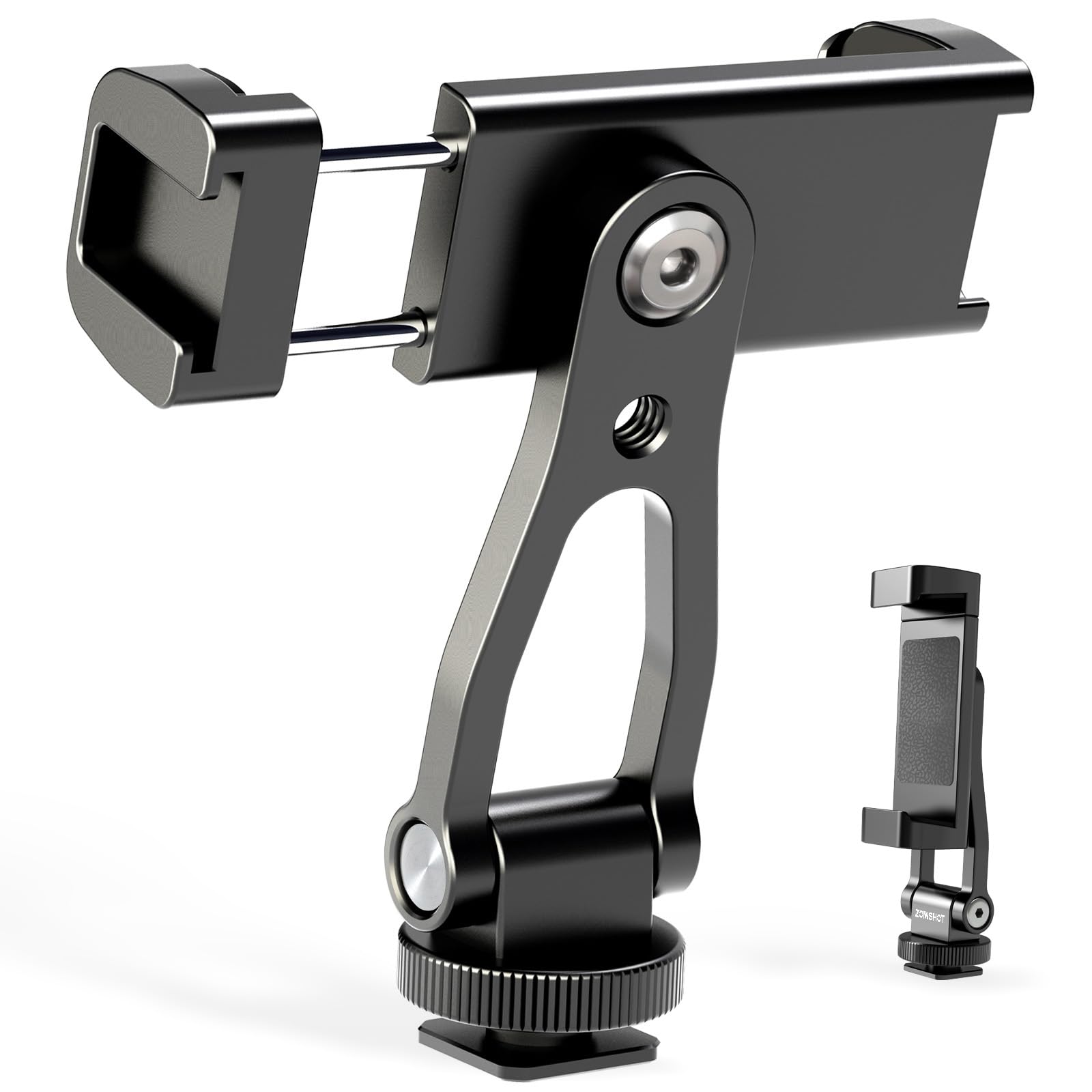 All Metal Phone Tripod Mount, 360° Rotation Tripod Phone Mount with 2 Cold Shoes, Adjustable Cell Phone Mount Adapter with 1/4" Thread, Compatible