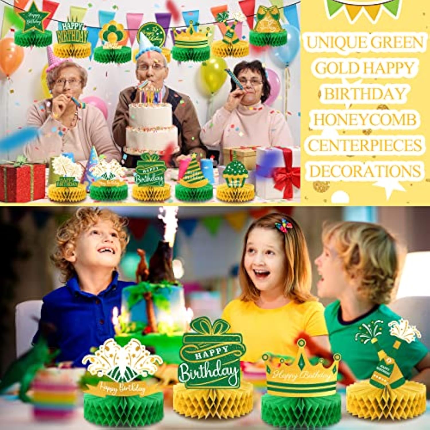12 Pieces Green And Gold Happy Birthday Decoration Green Gold Honeycom