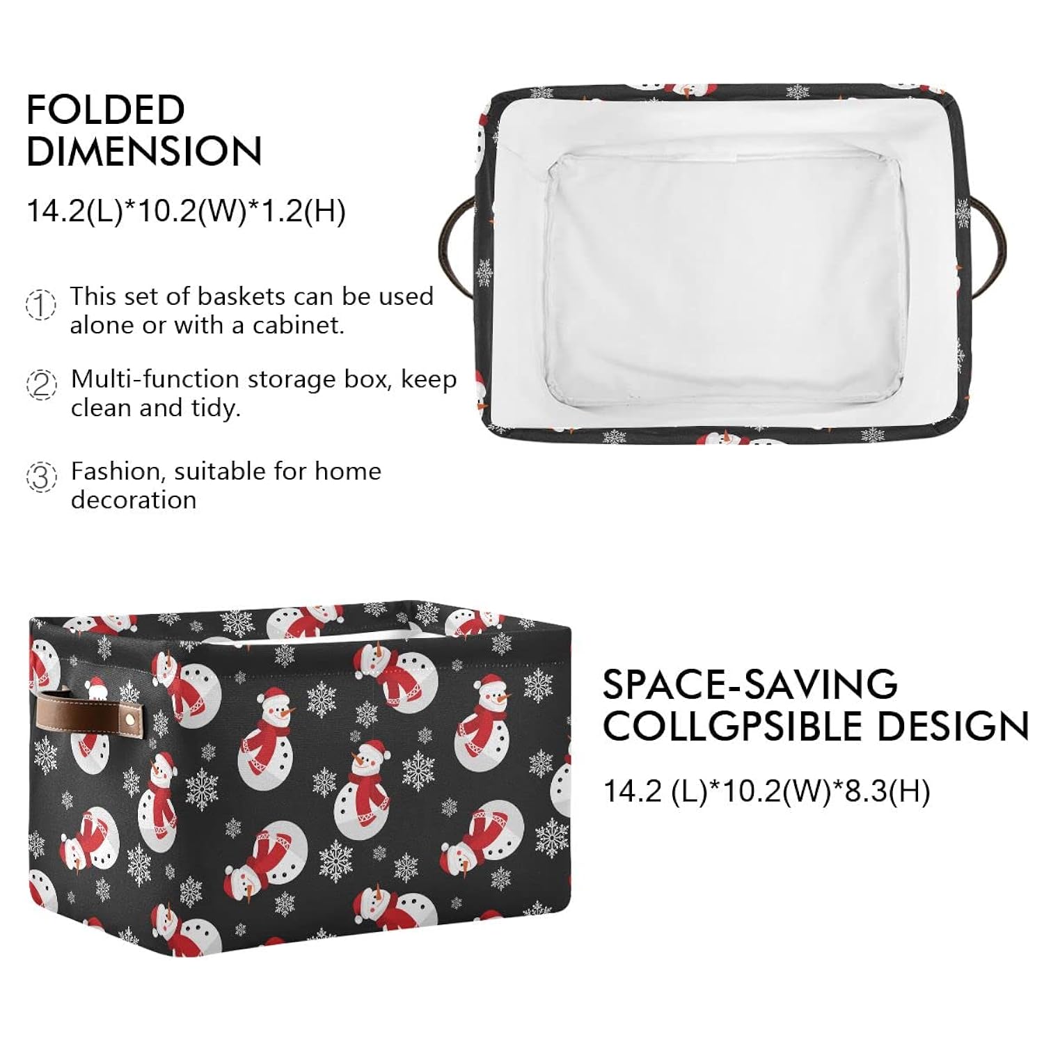 Winter Snowman Snowflake Storage Basket Fabric Laundry Baskets Christmas Holiday Xmas Decorations Storage Boxes Organizer Bag For Baby Cloth Dog Toy Book Storage Cubes Shelf Closet Bins 16×12×8