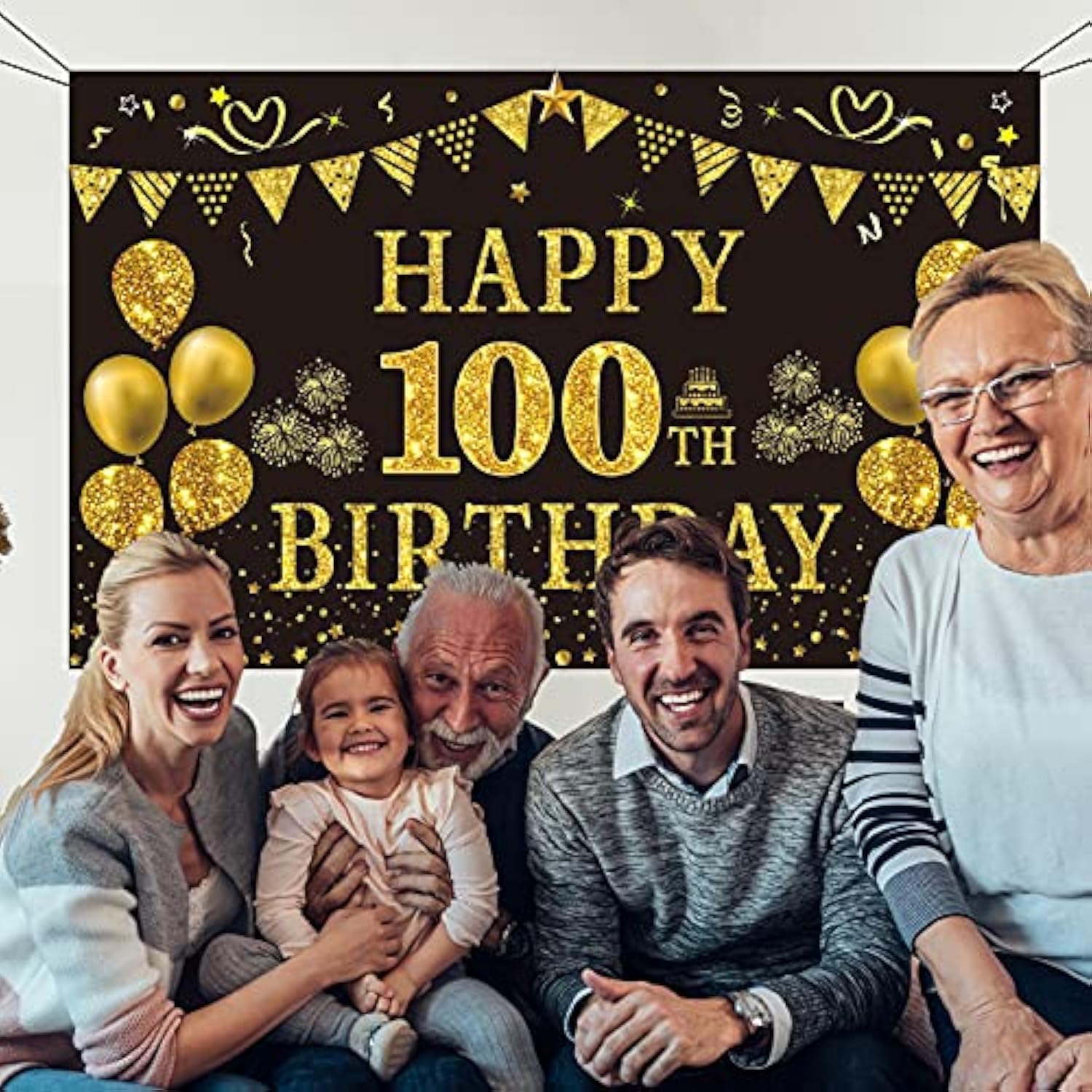 100Th Birthday Decorations - Black & Gold 100Th Birthday Backdrop Banner, 5.9 X 3.6 Ft, Party Supplies