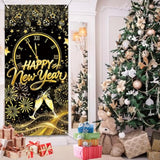 2026 Happy New Year Black Gold Door Banner for Front Porch
