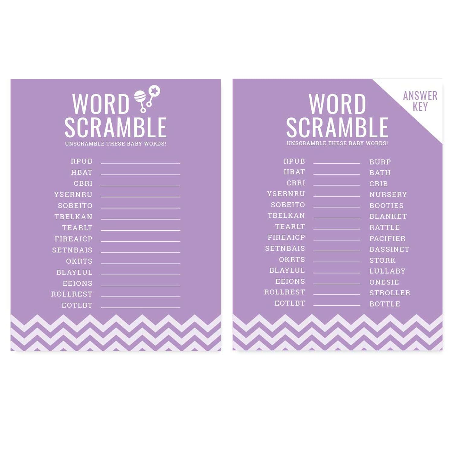 Lavender Chevron Girl Baby Shower Collection, Games, Activities, Decorations, Word Scramble Game Cards, 20-Pack