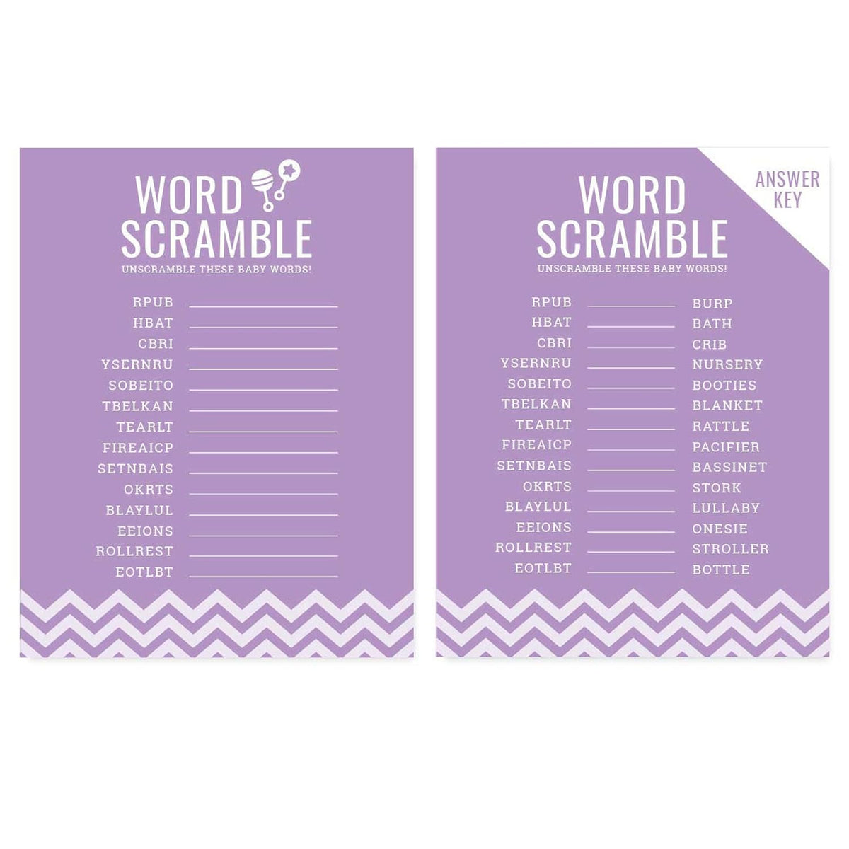 Lavender Chevron Girl Baby Shower Collection, Games, Activities, Decorations, Word Scramble Game Cards, 20-Pack