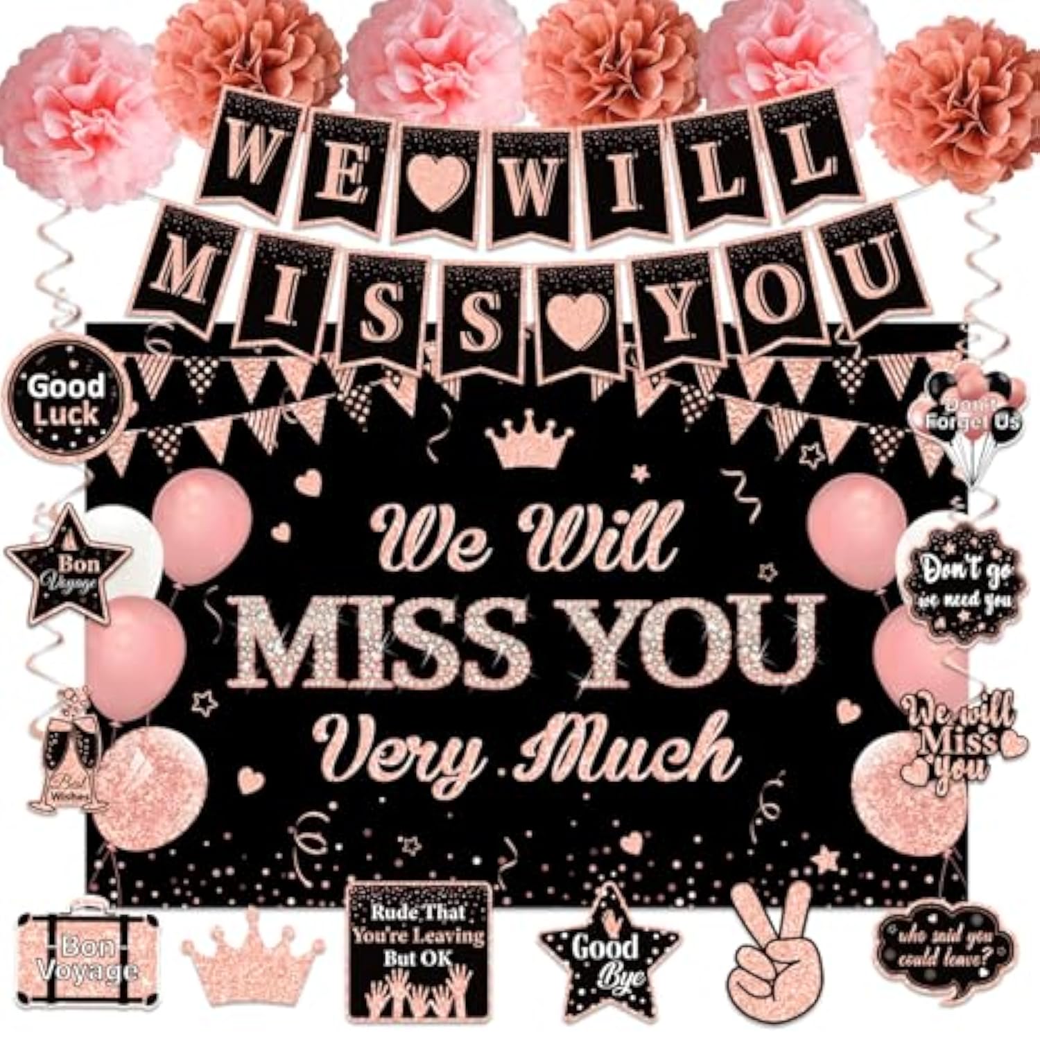 We Will Miss You Party Decorations For Women, Rose Gold 41Pcs Going Away Party Decorations Supplies - Banner Hanging Swirls Decorations Stickers Pompoms, Great For Retirement Job Change Farewell Party