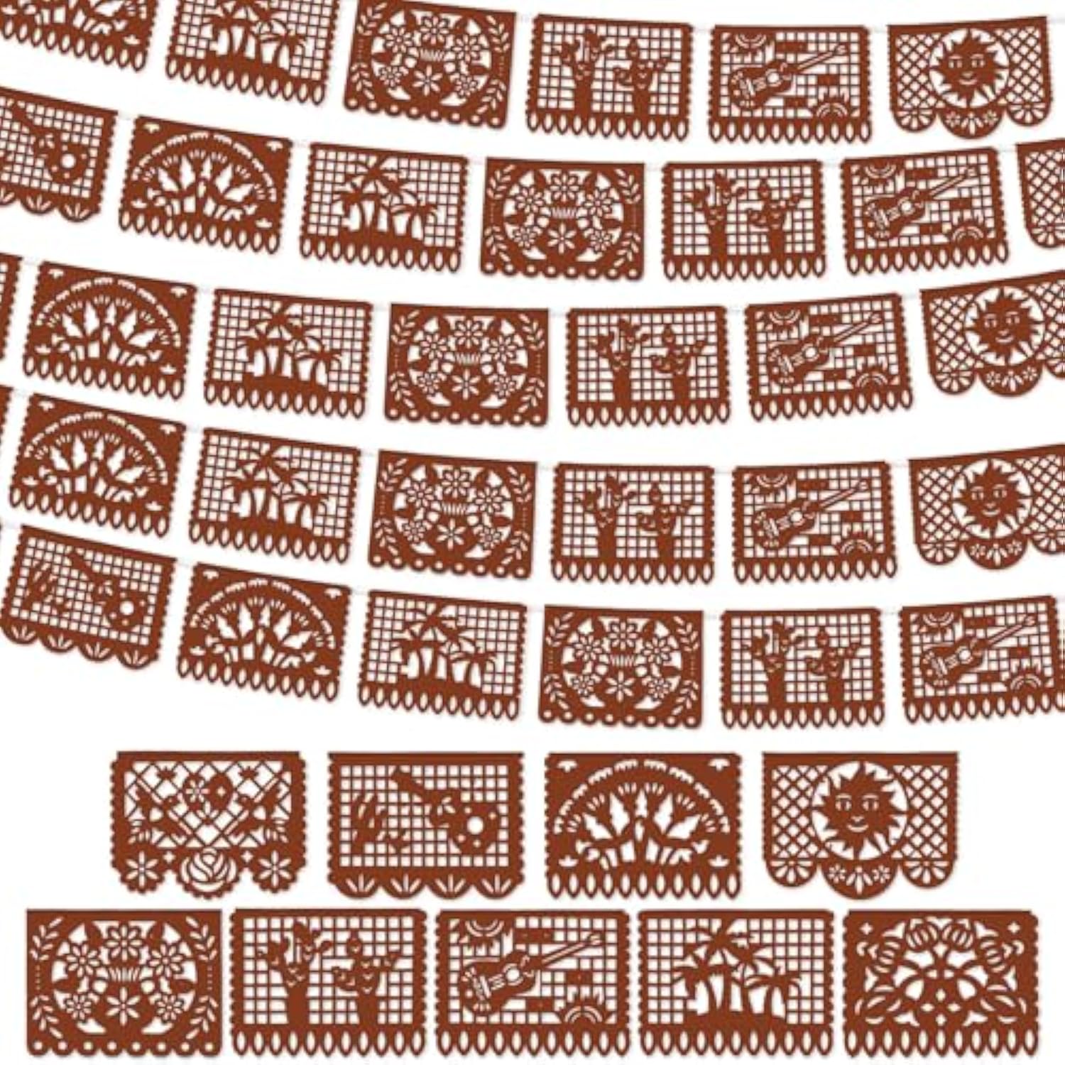 4 Pack 59 Ft Papel Picado Banner Mexican Talavera Party Plastic Fiesta Banner Mexico Wedding Decorations For Day Of The Dead Cinco De Mayo Cielito Lindo Party Decorations (Brown)
