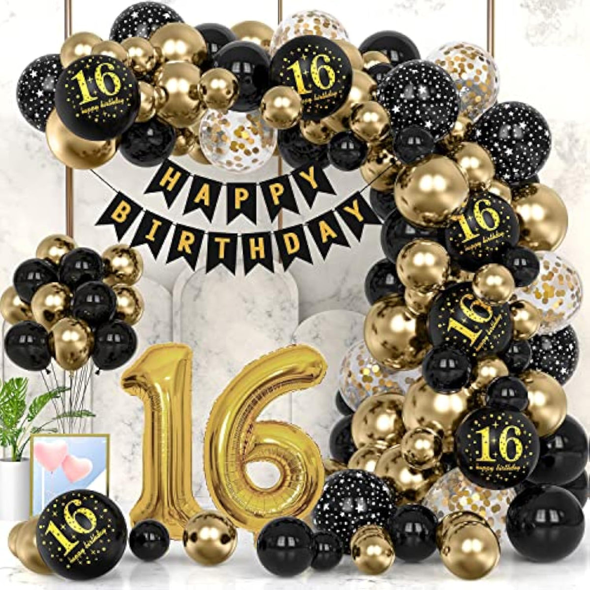 Black & Gold 16th Birthday Balloon Set: Party Decorations