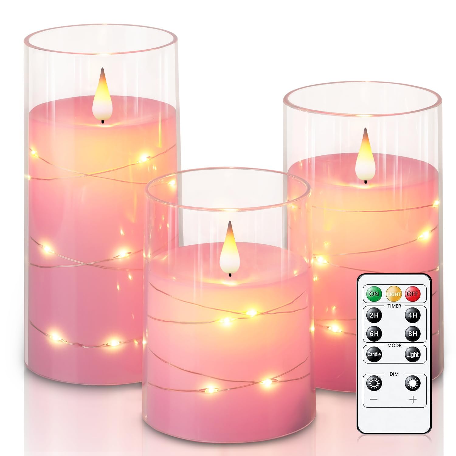 Flickering Flameless Candles With String Lights, Battery Operated Candles, Embedded String Lights Led Candles, Unbreakable Plexiglass Candle With Remote, Set Of 3, Pink