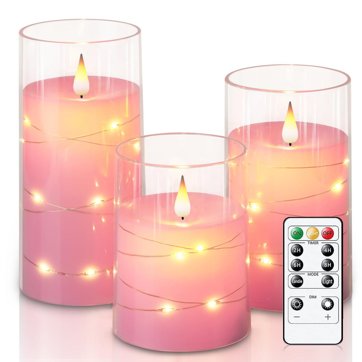 Flickering Flameless Candles With String Lights, Battery Operated Candles, Embedded String Lights Led Candles, Unbreakable Plexiglass Candle With Remote, Set Of 3, Pink