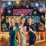 Neon Happy New Year Banner, 72.8 * 43.3 Inch, Polyester, Neon, New Year, Prom, Backdrop