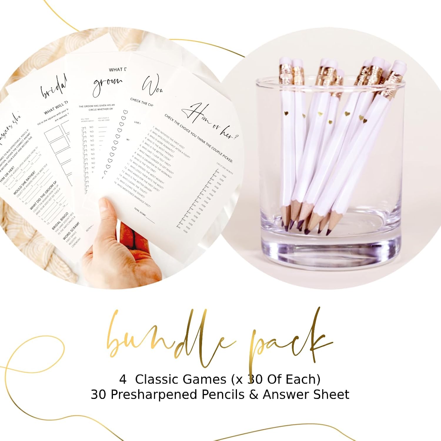Bridal Shower Games Bundle - 5 Bridal Shower Games And Pencils For 30 Guests, Double-Sided Cards, Minimalist