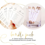 Bridal Shower Games Bundle - 5 Bridal Shower Games And Pencils For 30 Guests, Double-Sided Cards, Minimalist