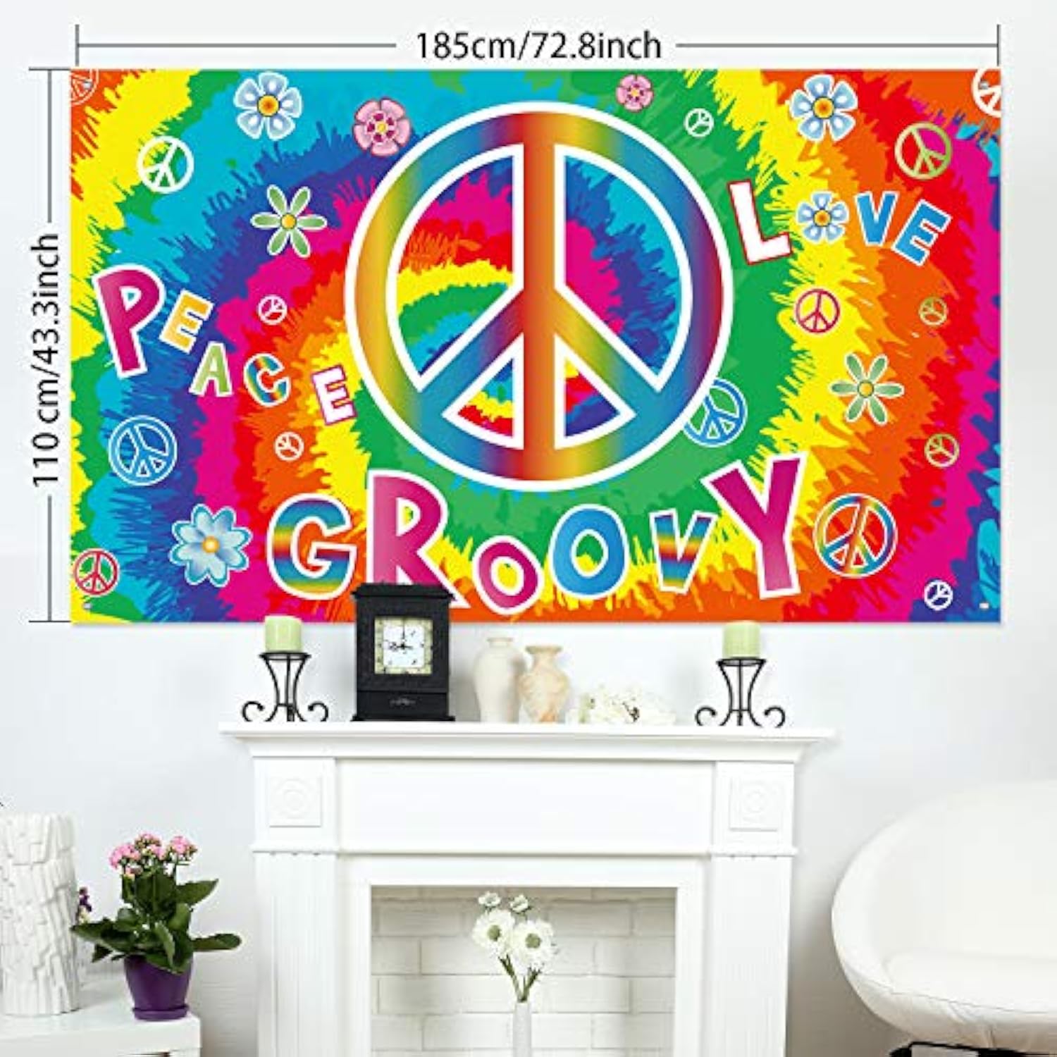 60's Hippie Party Decorations, Groovy Banner & Photo Backdrop, Peace & Love Theme (72.8x43.3 Inch)