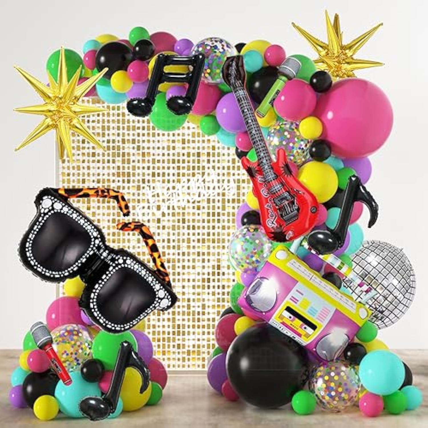 80S 90S Party Decorations 165Pcs Balloons With Retro Inflatable Guitar Microphone Glasses Music Note Disco Ball Balloons For Back To 90S 80S Hip Hop Rock Theme Birthday Prom Party