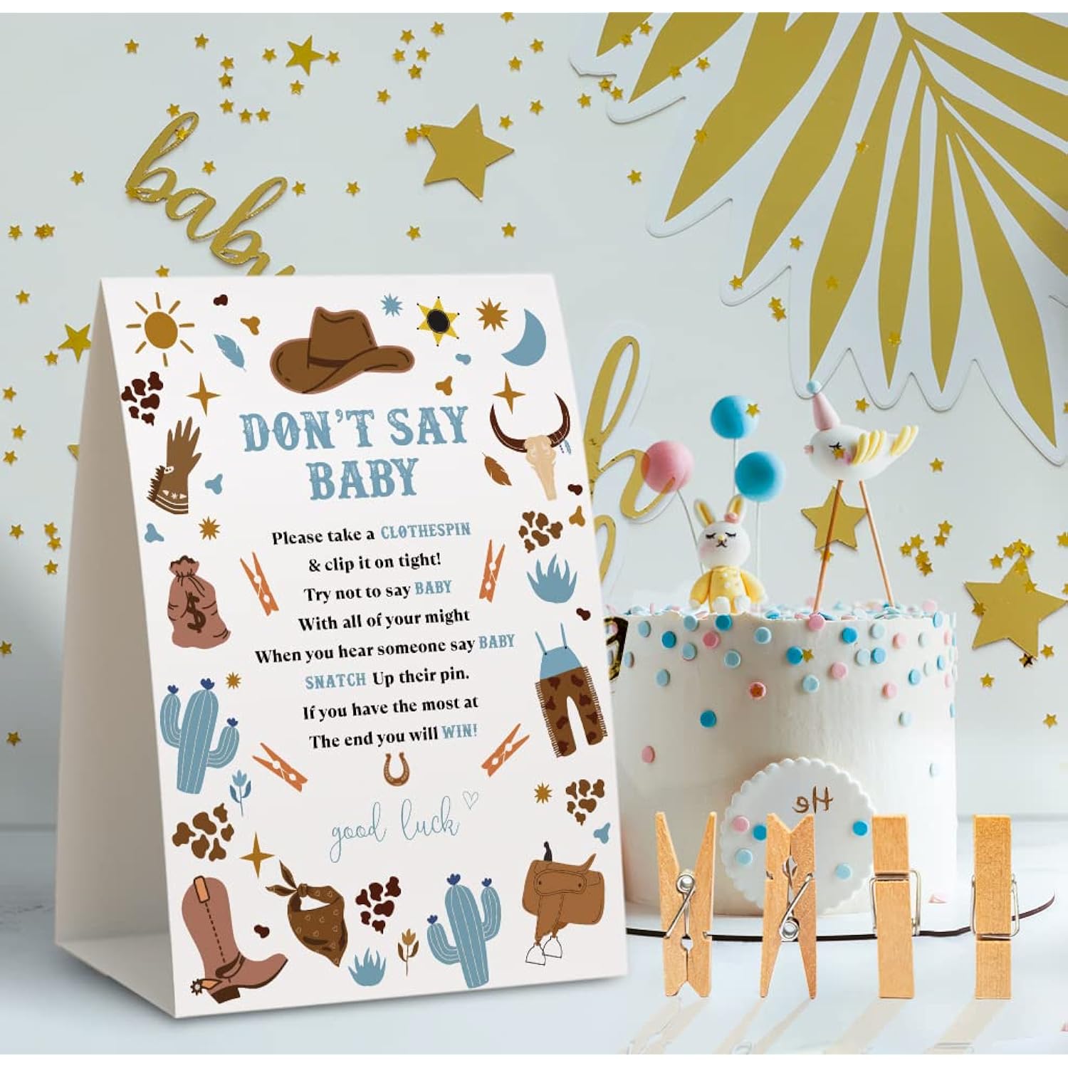 Don'T Say Baby Clothespin Games,Cowboy Baby Shower Game (Pack Of 1 Sign And 50 Mini Clothespins),Baby Shower Decorations,Baby Shower Game Gender Neutral,Party Favors Supplies - 23
