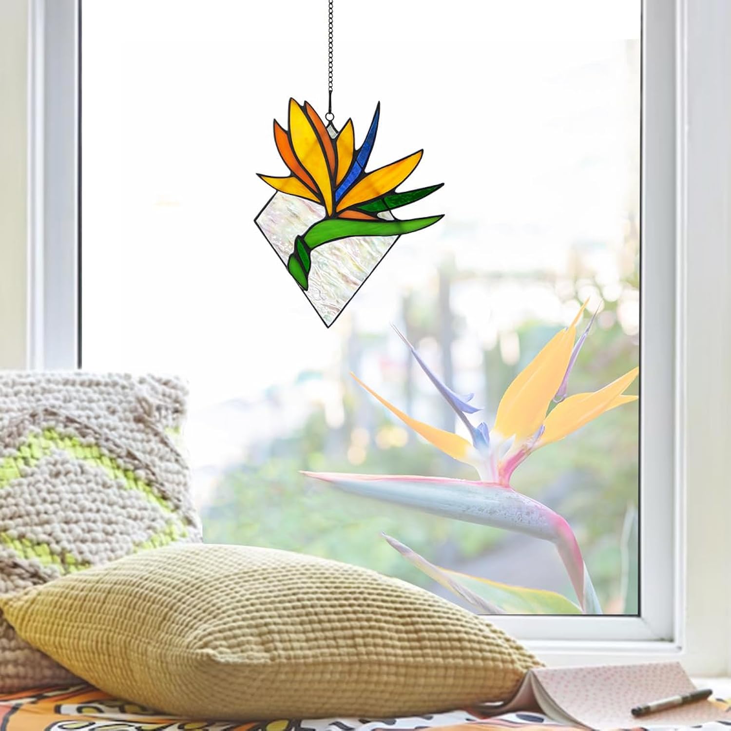 Bird Of Paradise Flower Decor Stained Glass Window Hanging,Artificial Flowers Gift For Women Stained Glass Suncatcher,Bird Of Paradise Flower Gift For Mom Aunt Sister Friends