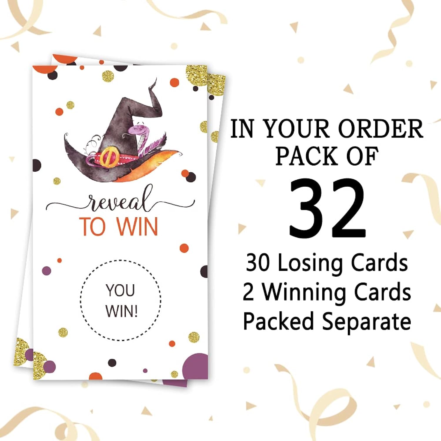 Halloween Party Game Scratch Off Cards (32 Pcs) - Funny Activity For Groups, Kids, Adults - Witch Hat Themed Games, Vouchers, Raffle Prizes, Tickets