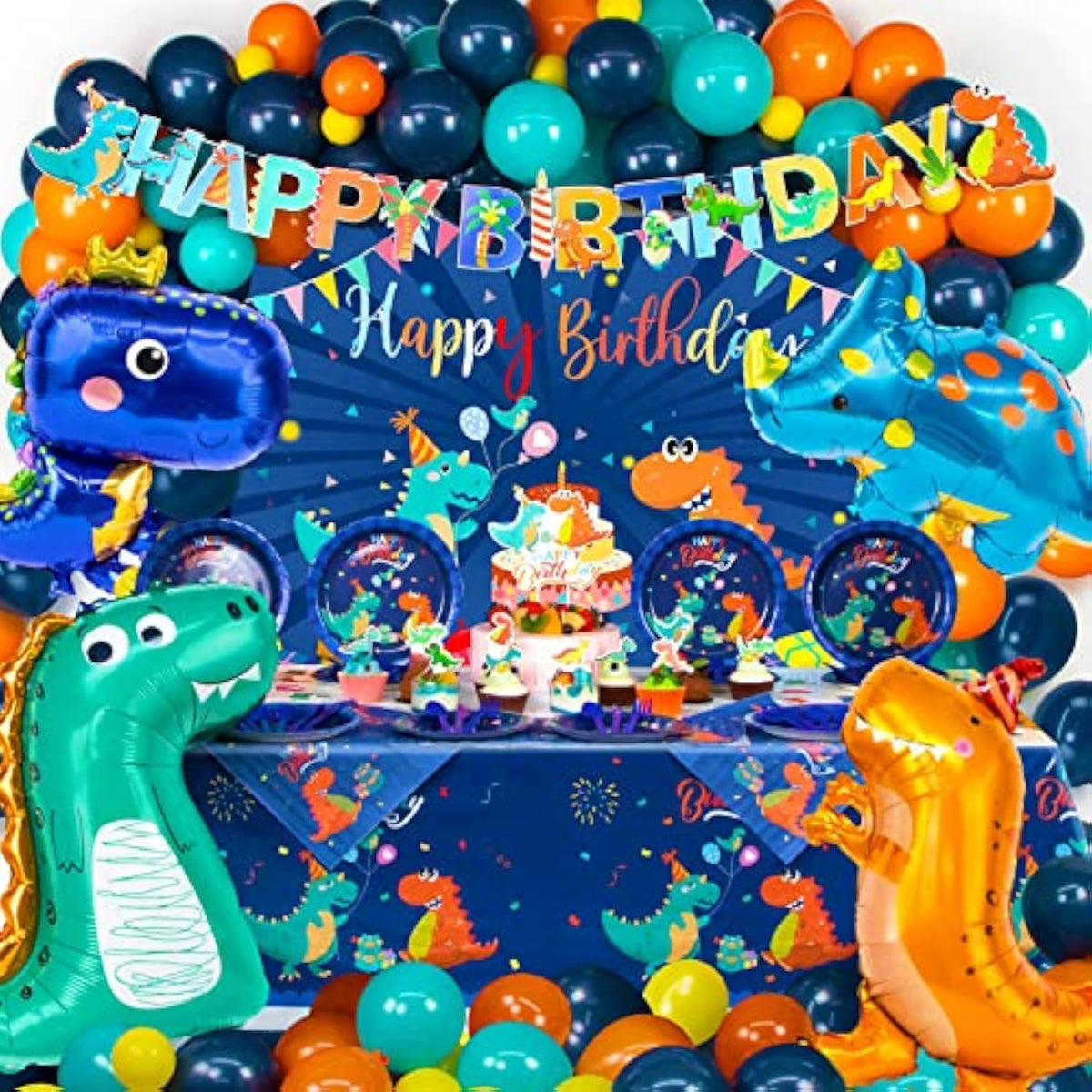 265PCS Blue Dinosaur Birthday Party Set – Balloons, Banner, Backdrop, Tableware & Cake Toppers