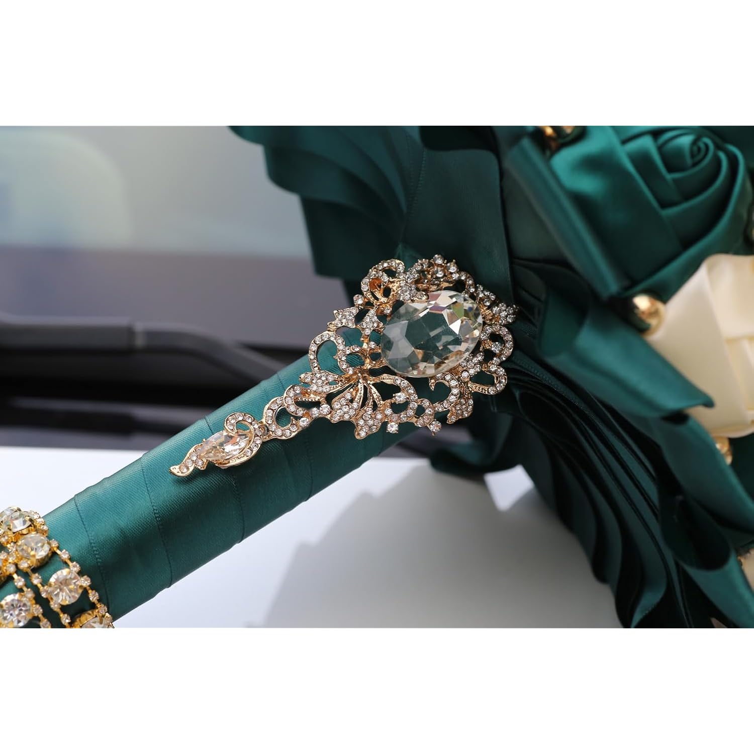Emerald Green And Ivory Bridal Wedding Bouquet With Gold Brooch Rhinestone Pearl Satin Rose Flower Bouquet For Bride Bridesmaid Quinceanera Wedding Emerald Green And Ivory 7.1In