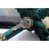 Emerald Green And Ivory Bridal Wedding Bouquet With Gold Brooch Rhinestone Pearl Satin Rose Flower Bouquet For Bride Bridesmaid Quinceanera Wedding Emerald Green And Ivory 7.1In