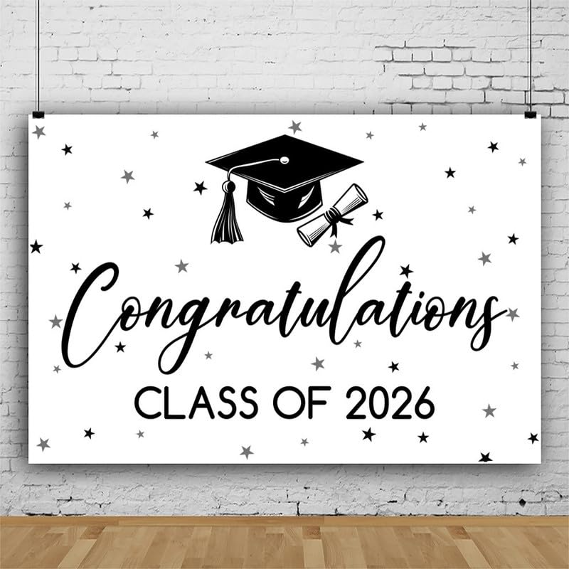 Graduation Photo Backdrops for Photoshoot Black White Background Banner High School College Ceremony Decorations Congrats Grad Party and Classroom Decor 10 * 8ft