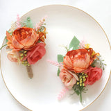 Wrist Corsage And Boutonniere Set For Wedding Prom Party Homecoming Celebration Artificial Flower Accessories Suit Decor 2 Pieces-Orange+Pink+Light Red