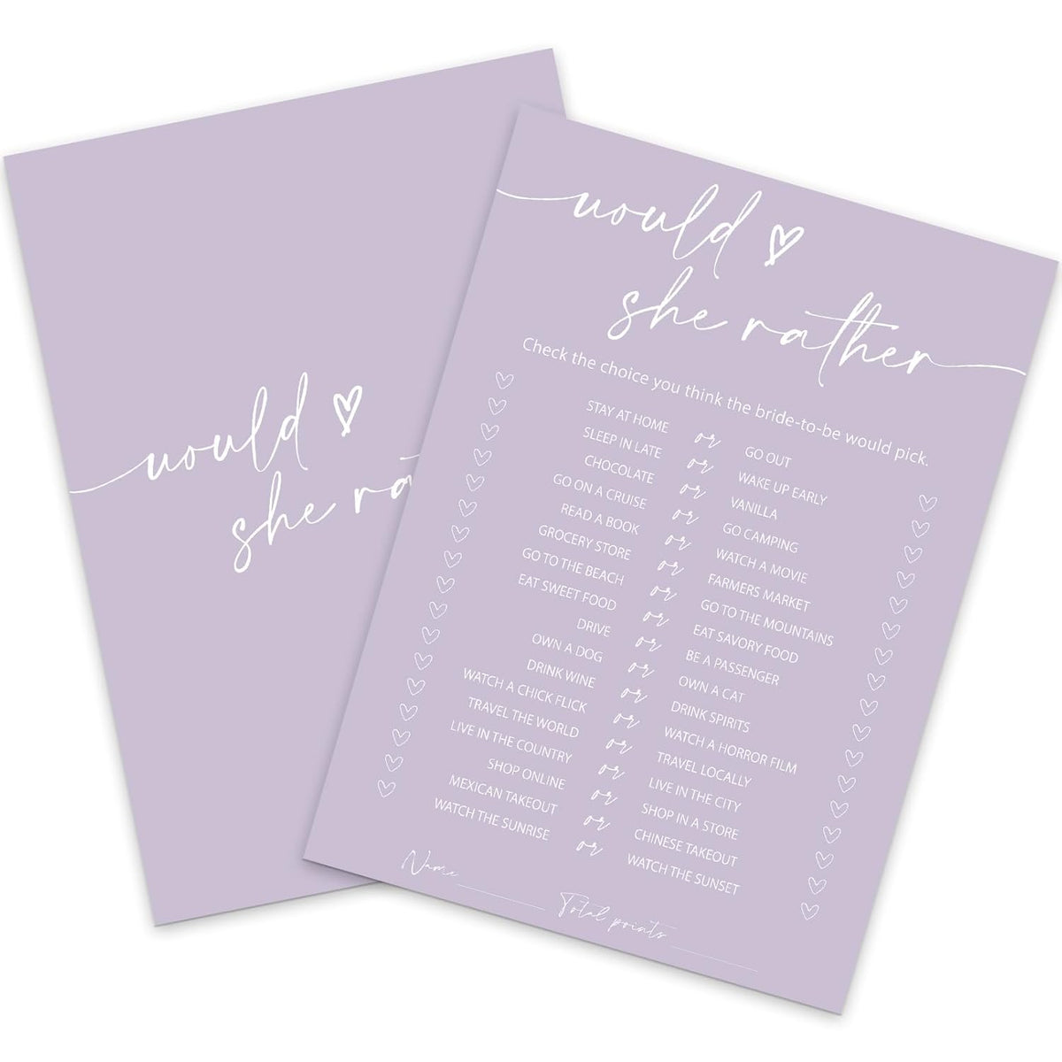 50 Sheets Purple Bridal Shower Game Cards Double Sided Party Game Activity Cards For Would She Rather Wedding Bridal Shower Bachelorette Party Games Supplies
