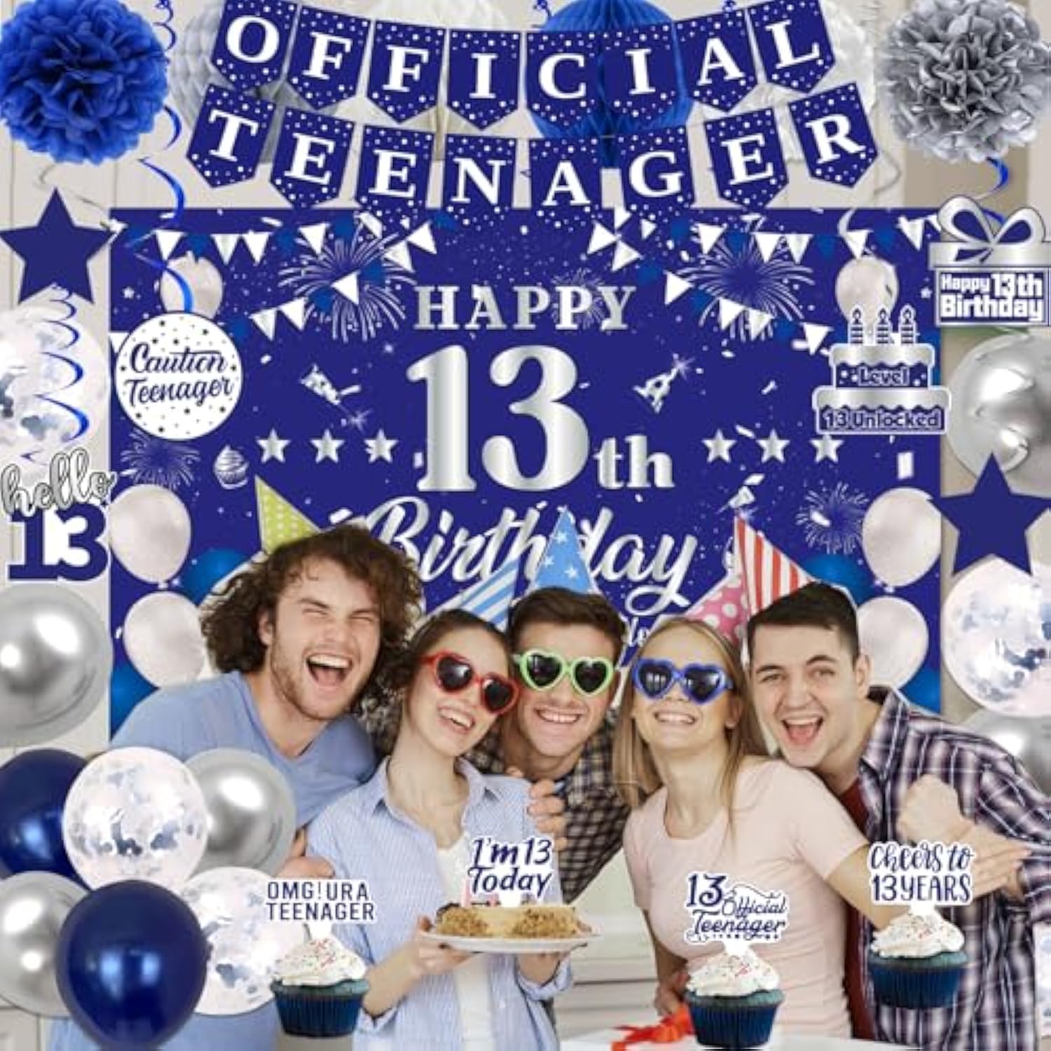 Blue & Silver 13th Birthday Decoration Set: Banner, Balloons, Cake Toppers