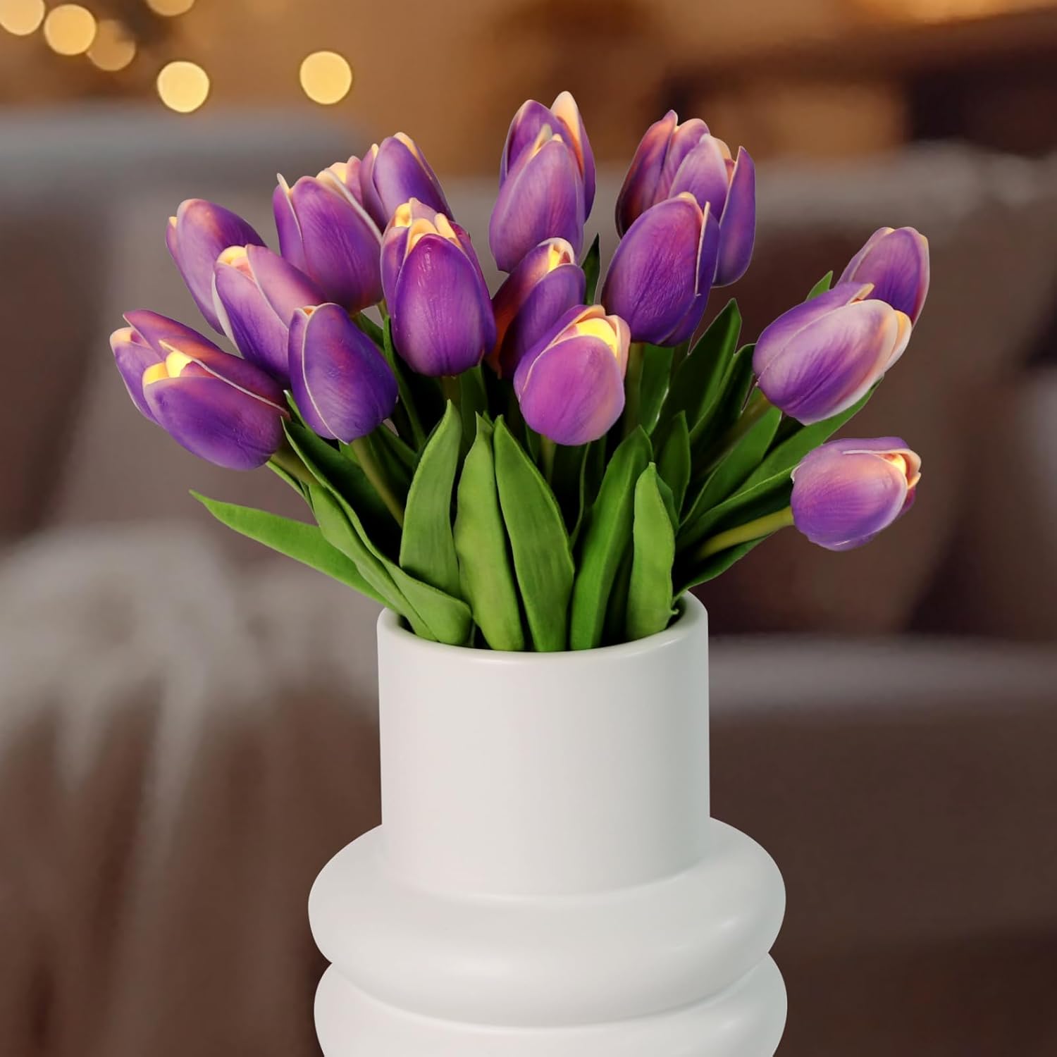 20Pcs Tulip Bouquet Lamp Artificial Flower Night Light Real Touch Tulip Night Lamp Led Flower Light Home Kitchen Decor(Purple)