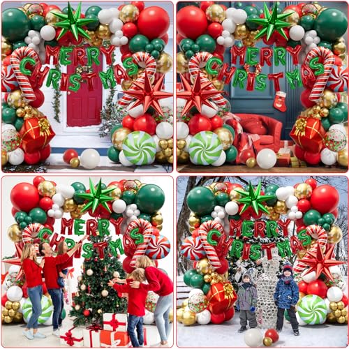Christmas Balloon Garland Arch kit with Merry Christmas Banner and Christmas Red White Green Cane Balloons Candy Balloons Gift Box Balloons Explosion Star Foil Balloons for Xmas Party Decorations
