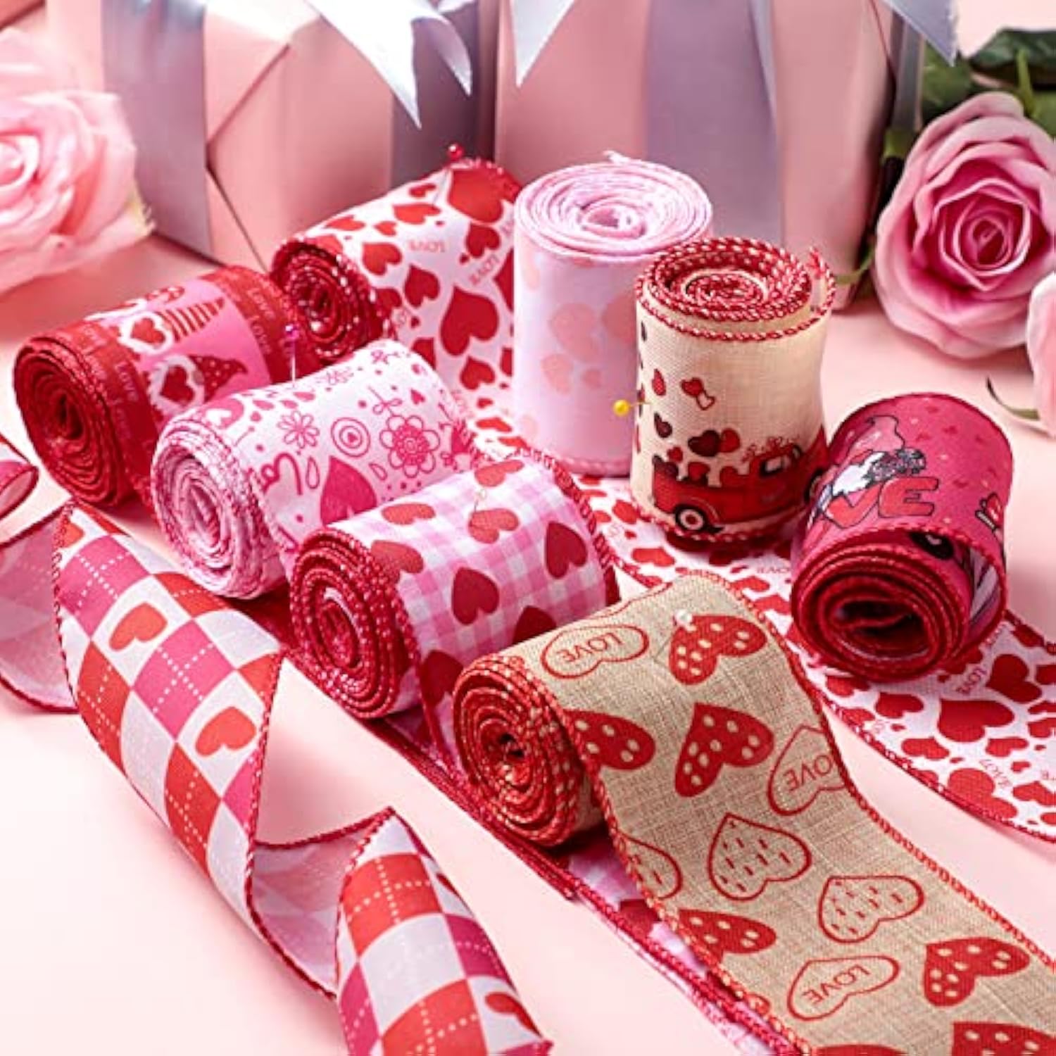 9 Rolls Valentine'S Day Wired Edge Ribbon Love Red Heart Pattern Ribbo