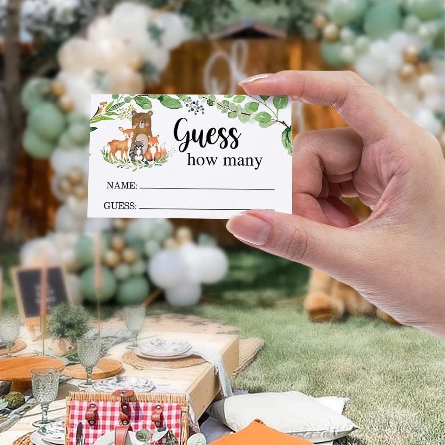 How Many Kisses Game (1 Standing Sign + 50 Guessing Cards)?Woodland Animal Theme?Baby Shower Sign