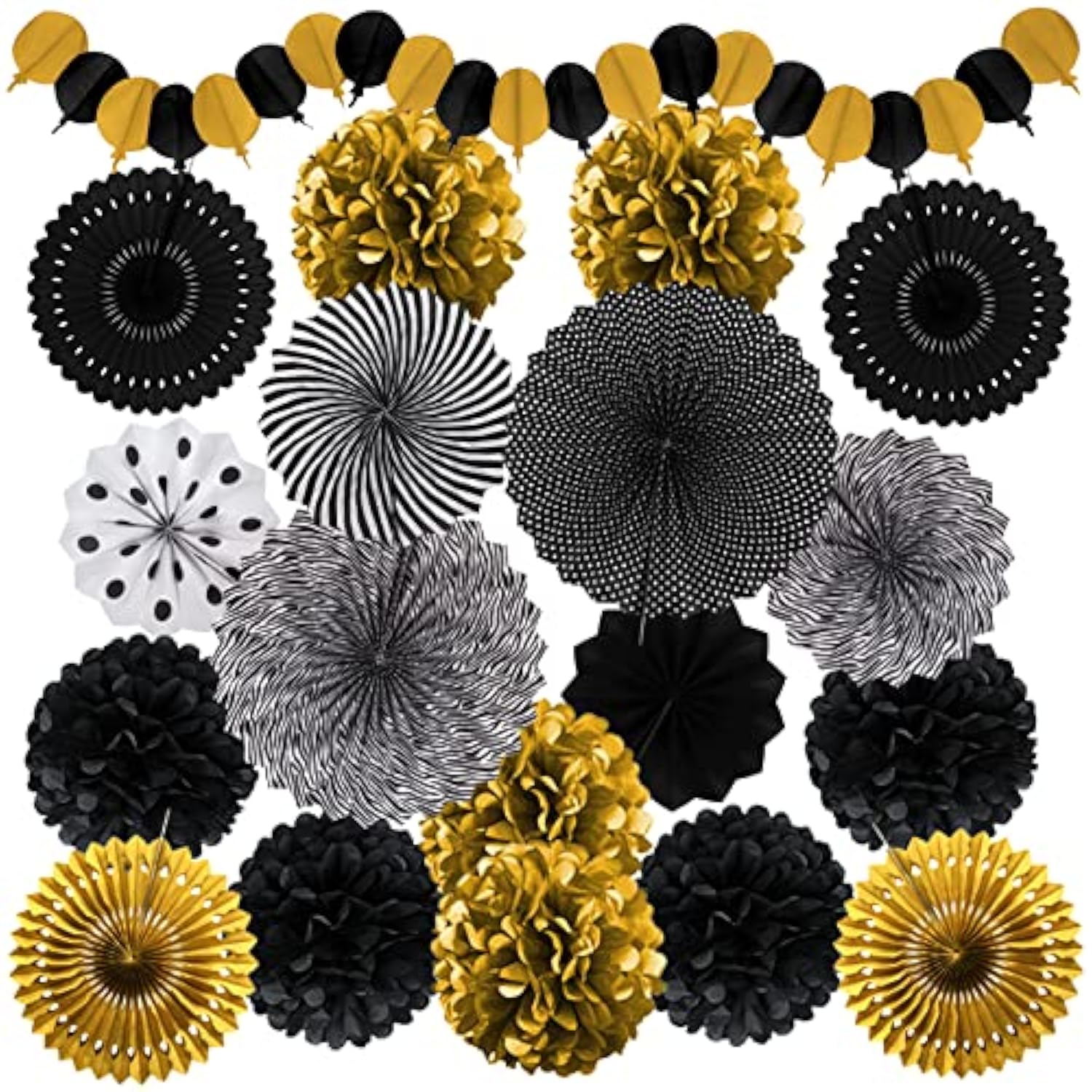 Black Gold Paper Pompoms Fans Party Decorations Graduation Birthday Wedding