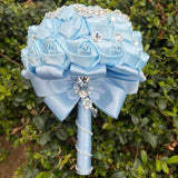 9.4 Inch Handmade Satin Rose Bridal Bouquet Toss Round Wedding Bouquet Throw Toss Artificial Flower Bunch Light Blue