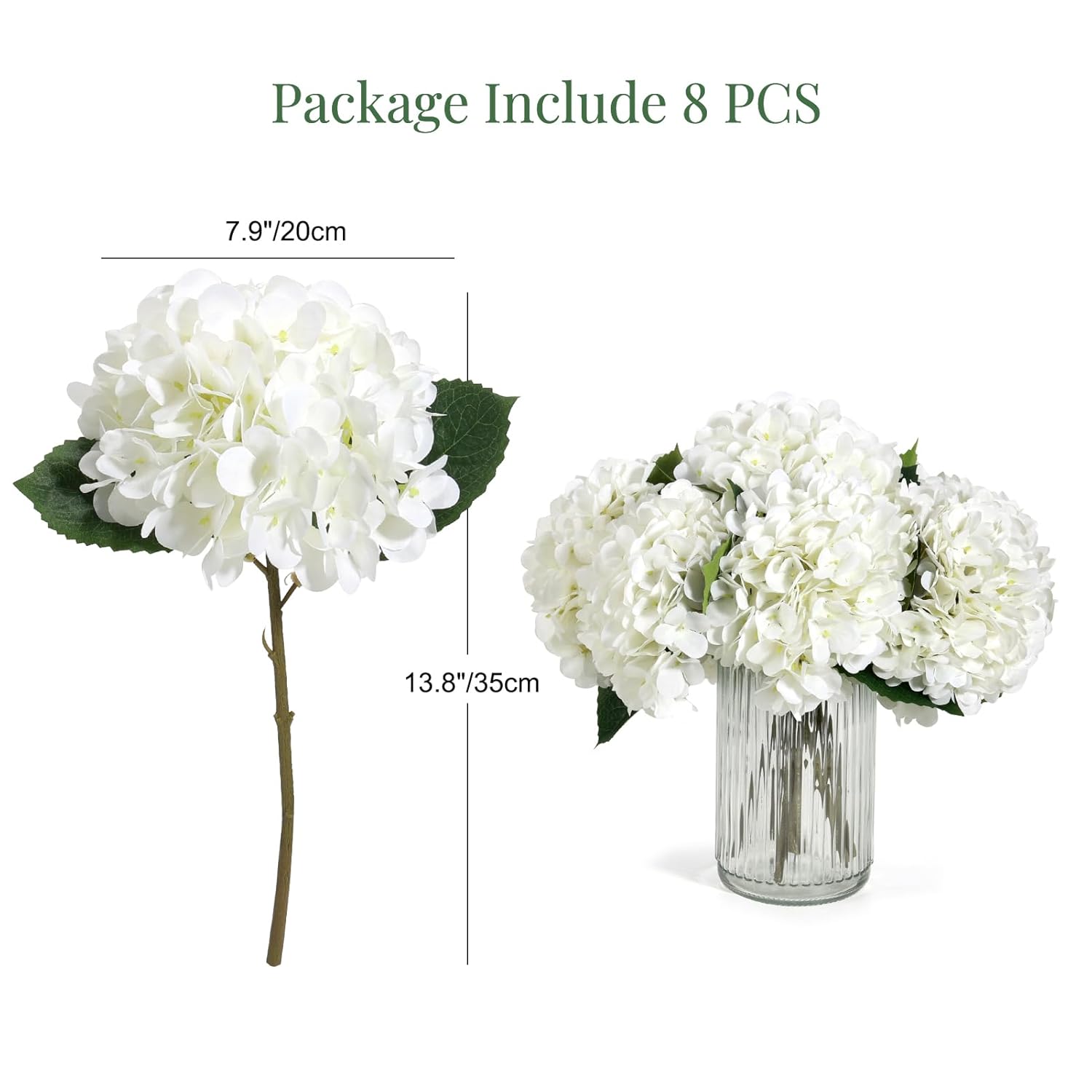 8Pcs White Artificial Hydrangea Flowers Bouquets, Silk Hydrangea Flowers With Stems And Leaves, Fake Flower Bouquets For Home Garden Party Decor, Wedding Centerpieces (13.8 X 7.9 Inches)