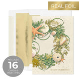Masterpiece Shell Wreath Christmas Cards / 16 Boxed Holiday Vacation Cards Set With Coordinating Gold Foil Lined White Envelopes / 5 5/8" X 7 7/8" Folded Winter Greeting Cards With Gold Foil And