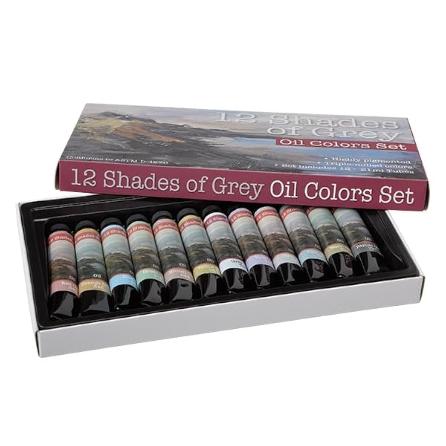 Artist Oil Colors, Set Of 12, 21Ml Tubes, Assorted, Highly Pigmented Triple Milled Rich Subtle Greys From The Tube