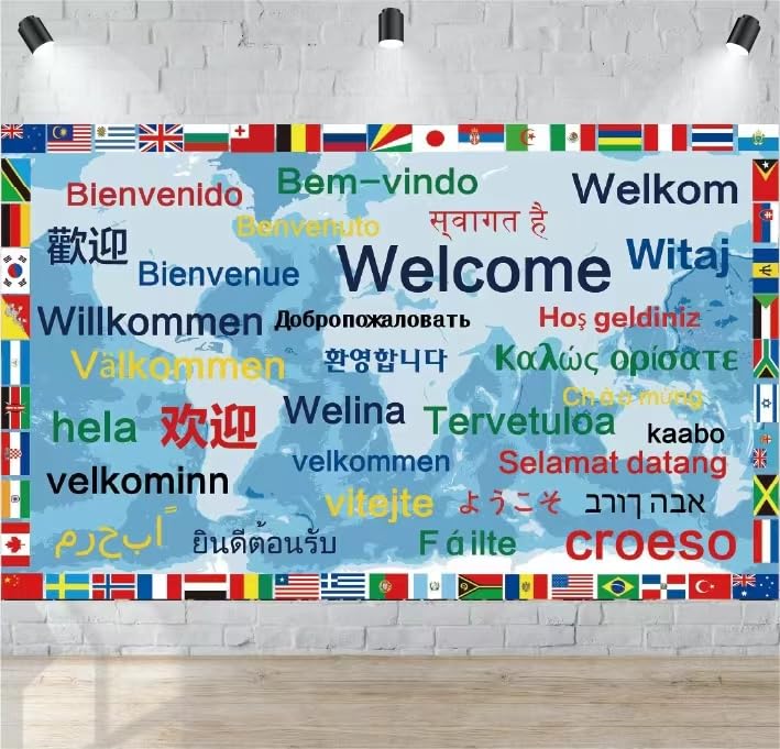 International Welcome Banner Decorations 52 World Country Flags Around the World Multicultural Decor - Large Welcome Backdrop Banner with 32 Different Language Welcome Words - Olympic Party Supplies
