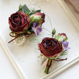2 Pieces Artificial Rose Corsage And Boutonniere Set, Simulation Flowers Decorations For Groom Groomsmen Bride Bridesmaids Wedding Prom Party Suit-Burgundy (W4-X1-Dyb)