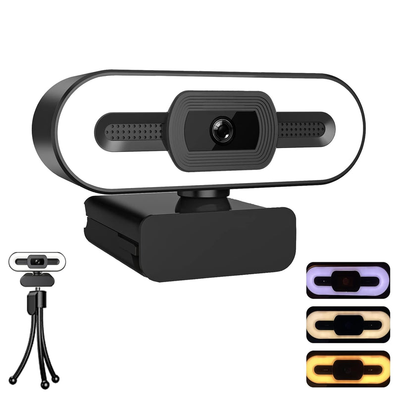 1080P Hd Webcam With Adjustable Ring Light Wide Angle Camera Usb 2.0 Plug And