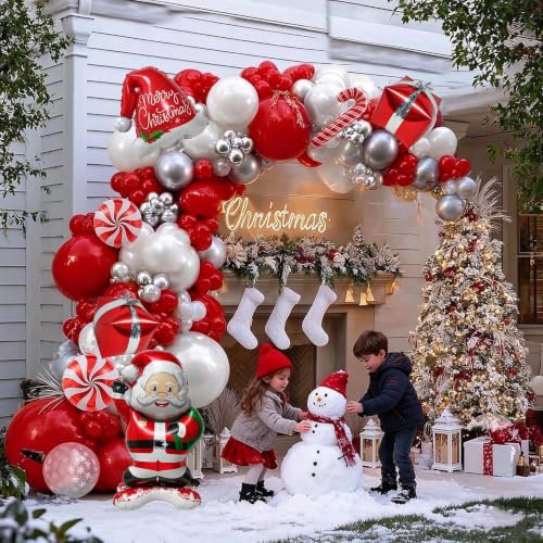 Red White Christmas Balloon Arch Kit, Double Stuffed Ruby Red Pearl White Silver Balloon Garland with Snowflake Latex, Santa Foil Balloons for Winter Xmas Birthday Baby Shower New Year Party Decor