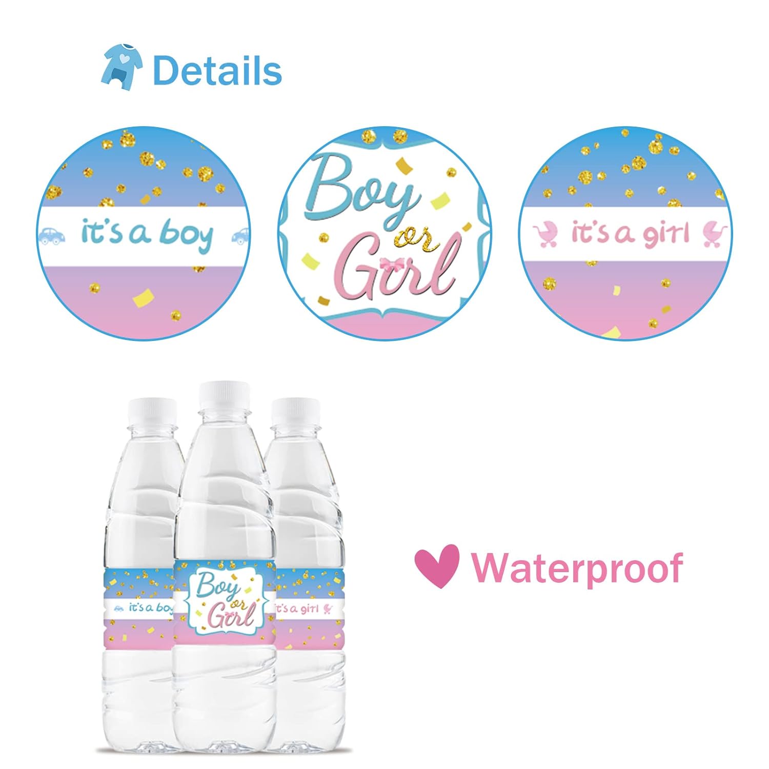 32 Pcs Gender Reveal Water Bottle Labels, Boy Or Girl Water Bottle Labels, Baby Shower Party Bottle Wrappers, Baby 1St Birthday Party Water Labels - Blue & Pink Glitter