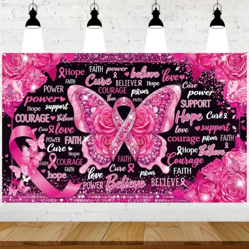 Breast Cancer Awareness Banner Backdrop Pink Ribbon Party Decoration for Fundraiser Event, Hope Faith Love Photography Background, October Awareness Month Wall Decor, 71 x 43 in