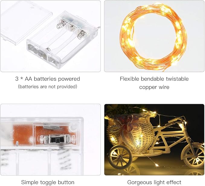 16FT Battery Operated Fairy Lights Warm White Copper Wire Mini Starry String Lights for Bedroom Wedding Party Decor