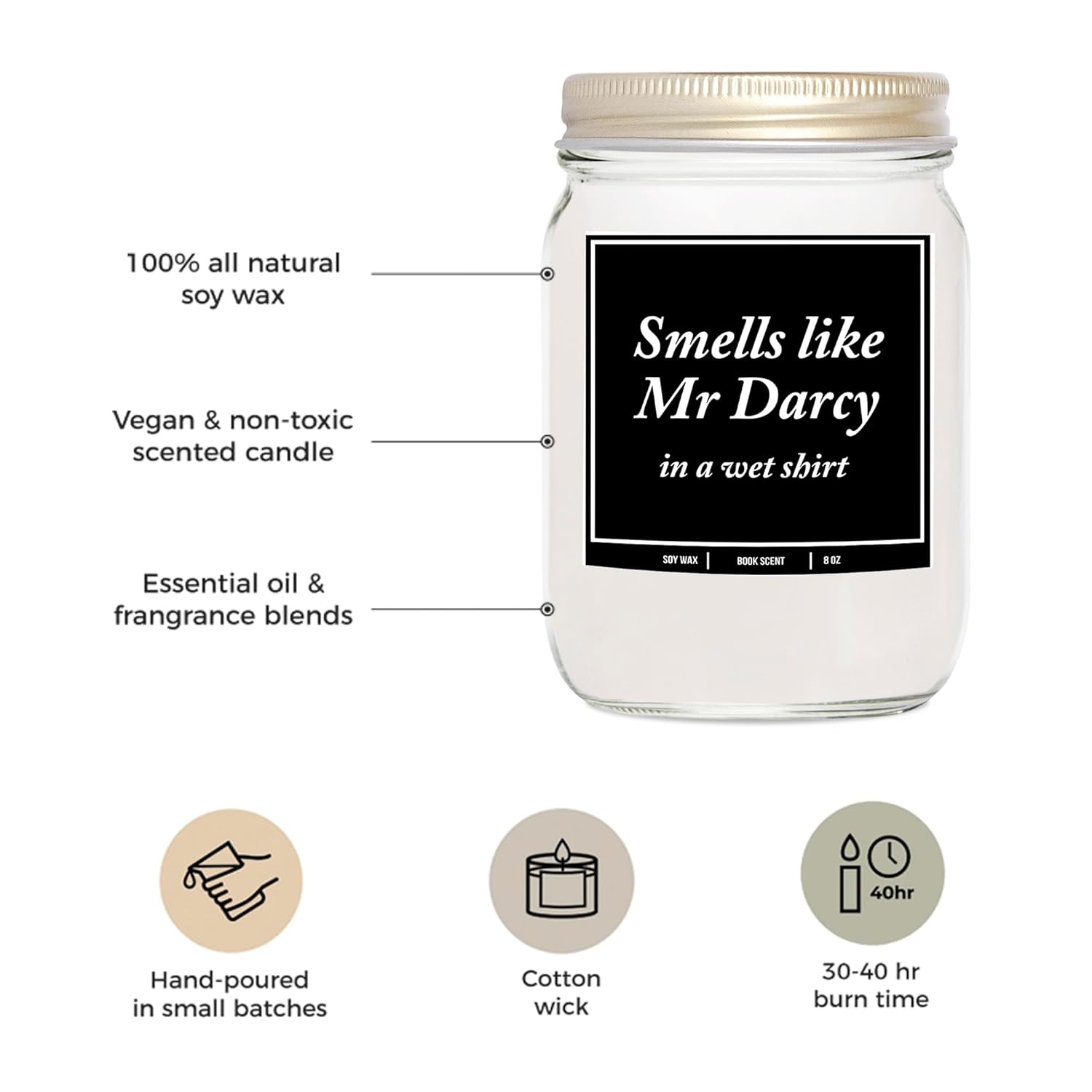 You Nique Designs Pride And Prejudice Gifts, Jane Austen 8Oz Candle, Cool Gifts For Bookworms, Book Themed, Bookish Presents For Book Readers, Unique Bookworm Surprise
