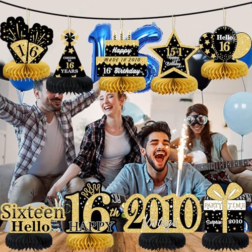 9Pcs Black Gold 16th Birthday Decorations Honeycomb Centerpieces for Boys Girls,Happy 16th Birthday Centerpieces Tables Toppers Party Decorations Supplies 16th Table Sign Decor