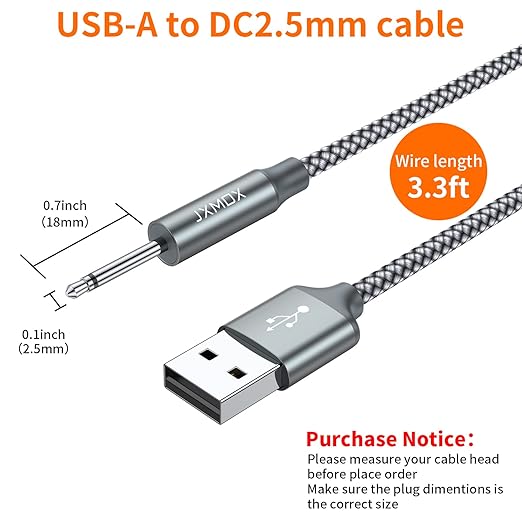2 Pack 3FT USB to DC 2.5mm Charging Cable Replacement Power Cord Grey