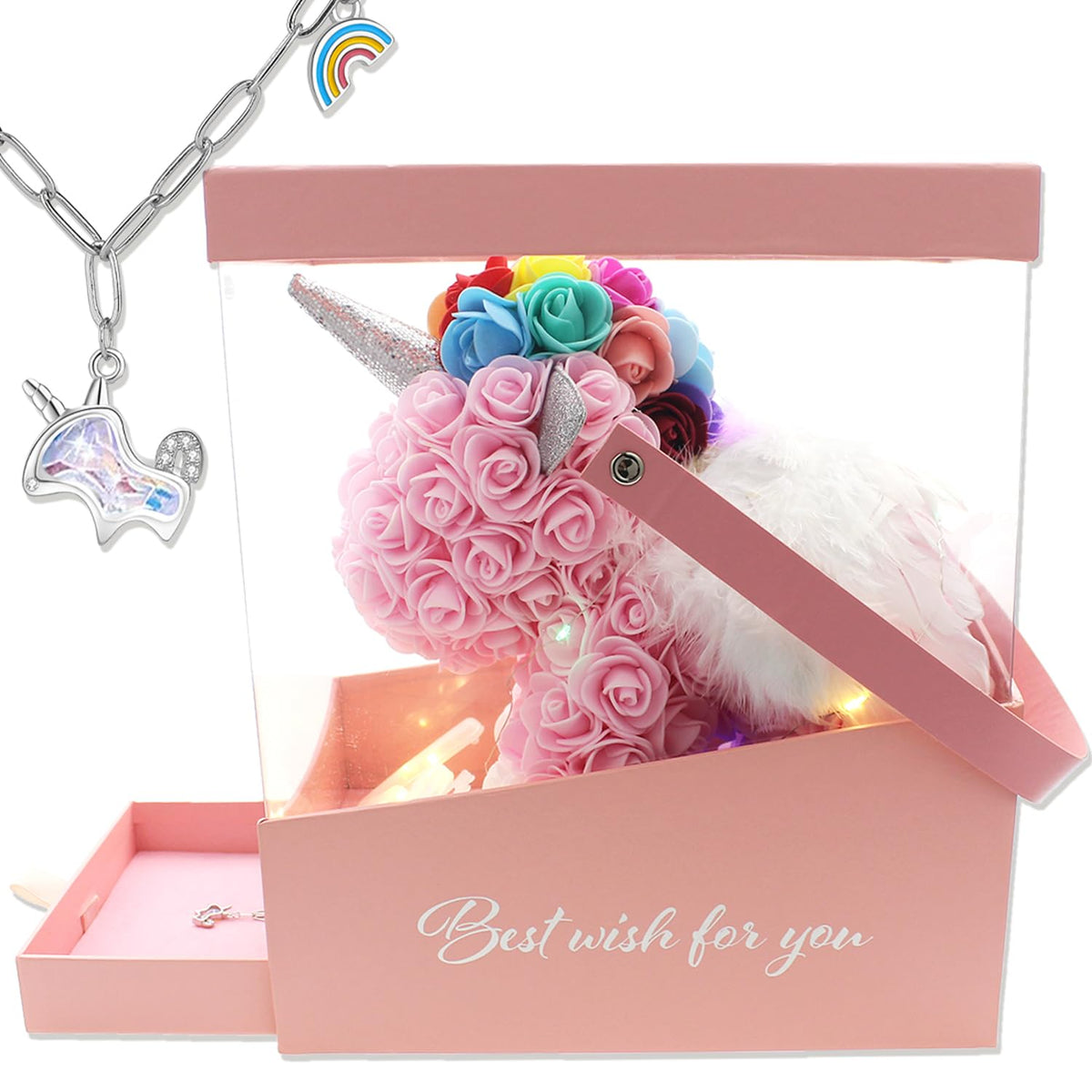 Rose Unicorn Party Favor Artificial Flowers Forever Gift Box Set For Her Girlfriend Children Kid Daughter Women Anniversary Christmas Valentines Birthday Mothers Day (Light Pink)