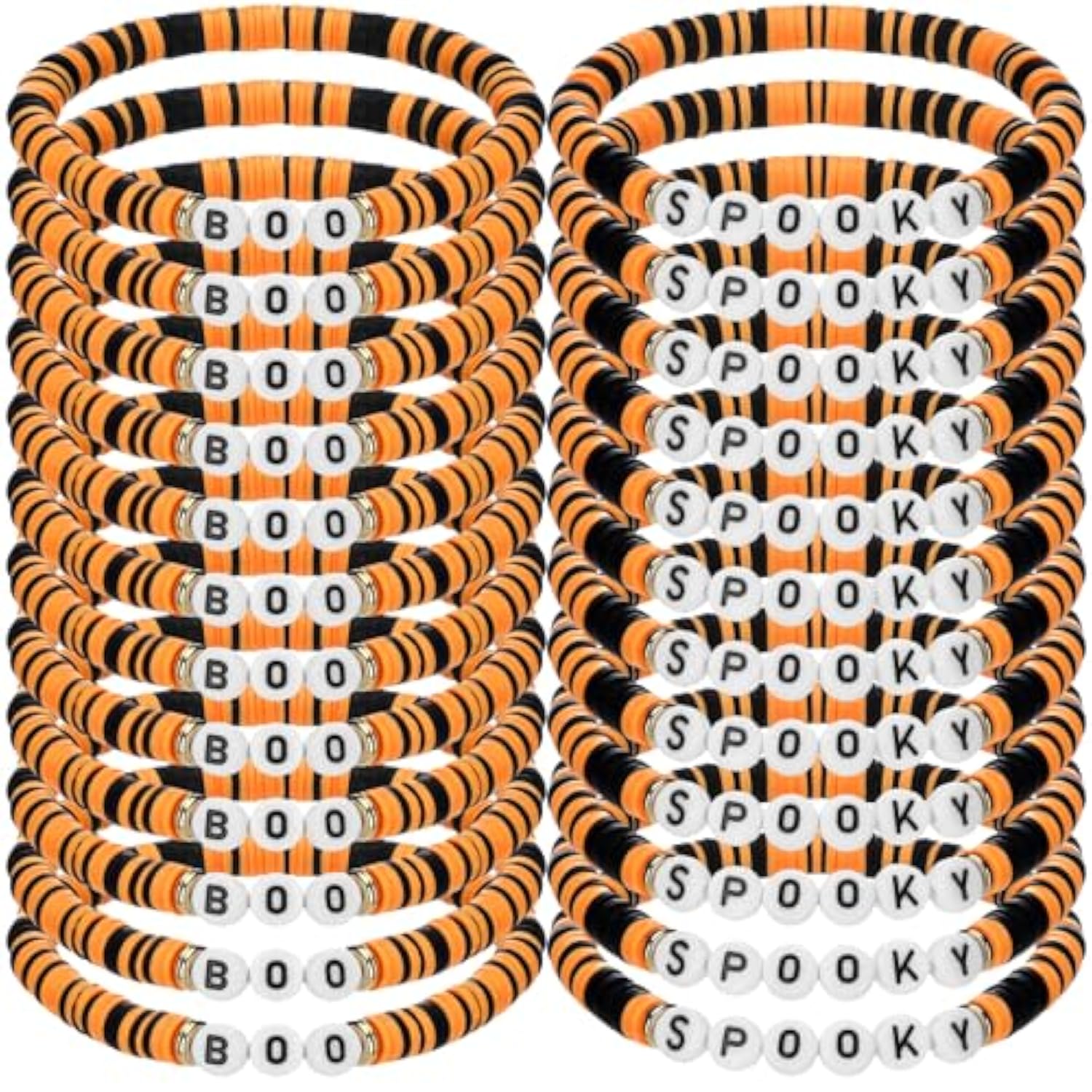 24 Pcs Spooky Boo Halloween Bracelets Polymer Clay Beaded Stretch Bracelets Letter Boho Jewelry For Women Halloween Party Favors For Family Friend Accessory Gift(Orange And Black)